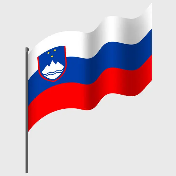 Vector illustration of Waved Slovenia flag. Slovenia flag on flagpole. Vector emblem of Slovenia