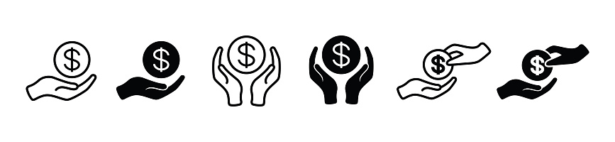 Saving money icons in line and flat style. Savings icon. Paying, payment, change money icon symbol on white background. Hand holding money. Vector illustration