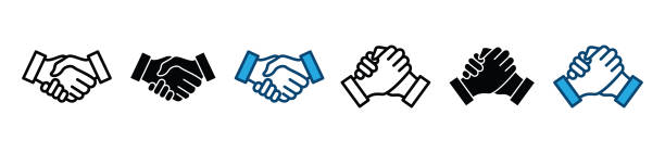 illustrations, cliparts, dessins animés et icônes de accord commercial et ligne de poignée de main et jeux d’icônes plates. icône de poignée de main conviviale pour les applications et les sites web - poignée objet manufacturé