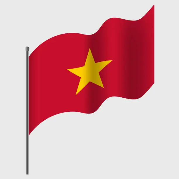 Vector illustration of Waved Vietnam flag. Vietnam flag on flagpole. Vector emblem of Vietnam