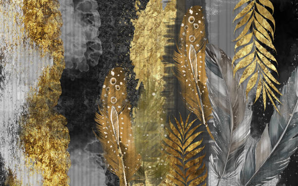 istock 3d classic wallpaper mural. golden branches tree leaves and feathers in drawing black and gray  background for bedroom decor 1507225782
