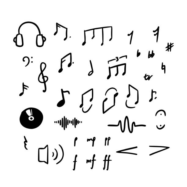 ilustraciones, imágenes clip art, dibujos animados e iconos de stock de conjunto de iconos de notas musicales y símbolos dibujados a mano. doodles y bocetos. vector - frame drum