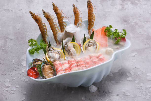 Sliced beef and shrimp, lemon, abalone, Chinese hot pot side dishes, ingredients, indoor shot