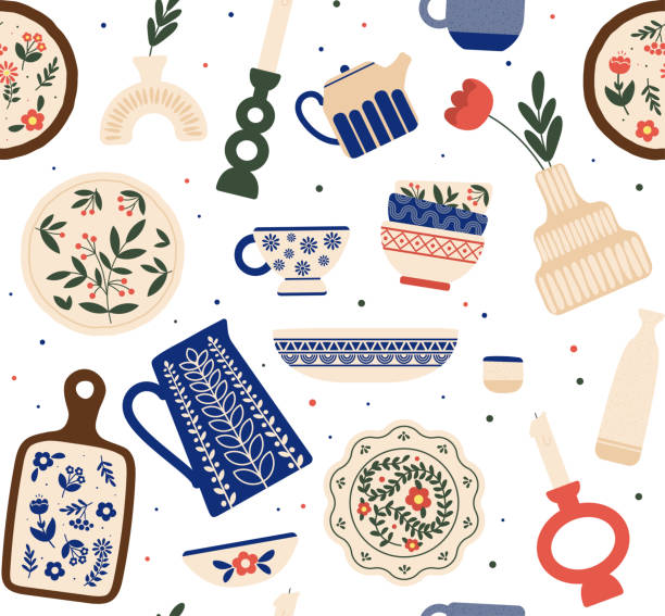 Seamless pattern with pottery. Repeating design element for printing on fabric. Teapot and plates with abstract patterns and ornaments. Vase and candlestick. Cartoon flat vector illustration