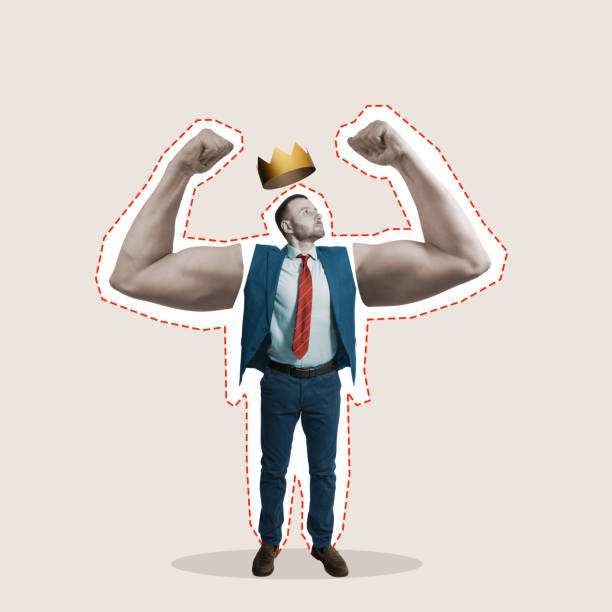 A man with big biceps and a crown over her head. Art collage.