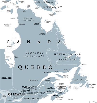 Quebec, largest province in the eastern part of Canada, gray political map. Largest province, located in Central Canada, with capital Quebec City and largest city Montreal, along St. Lawrence River.