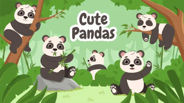 Vector illustration of Cute pandas in forest concept