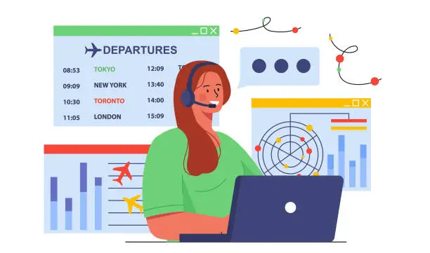 Vector illustration of Air traffic controller at laptop concept