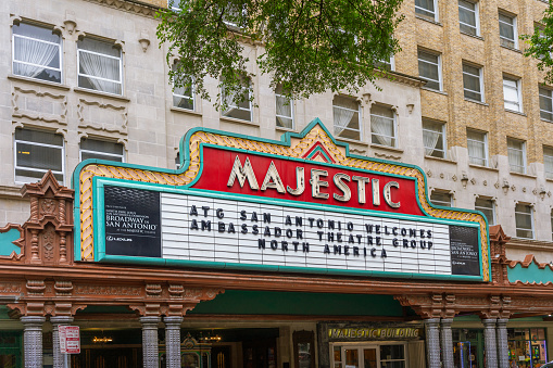 San Antonio, Texas, USA – May 9, 2023: The marquee of the Majestic Theater located in downtown San Antonio, Texas.