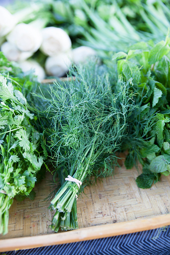 Fresh bunches of dill, cilantro, mint, and other herbs and vegetables on display at a farmer's market.