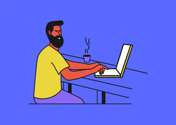 Vector illustration of On blue background. Male figure working with laptop. Freelance workspace colorful view.