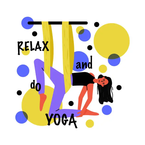 Vector illustration of The woman is swinging on the rope. He relaxes himself. Colorful yoga woman moves on white background.