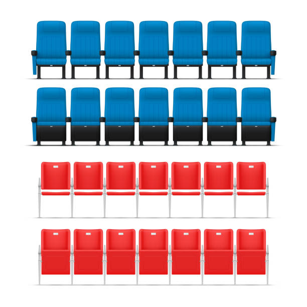istock Stadium tribune with open and closed seats arena rows audience chair public competition set realistic vector illustration. Blue and red fan spectator section for seating looking stage game tournament 1507266866