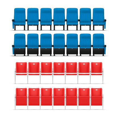 Stadium tribune with open and closed seats arena rows audience chair public competition set realistic vector illustration. Blue and red fan spectator section for seating looking stage game tournament