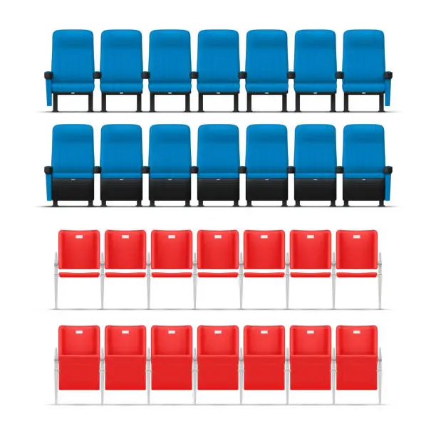 Vector illustration of Stadium tribune with open and closed seats arena rows audience chair public competition set realistic vector illustration. Blue and red fan spectator section for seating looking stage game tournament