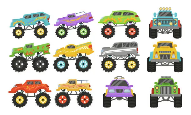 Vector illustration of Cartoon monster trucks heavy cars with large tires and black tinted windows set vector flat