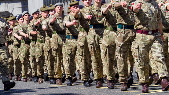 Aberdeen, Scotland, UK - 1st July, 2023 : Military personnel, veterans and cadets taking part in a parade along Union Street, Aberdeen, to mark Armed Forces day 2023 in the UK.