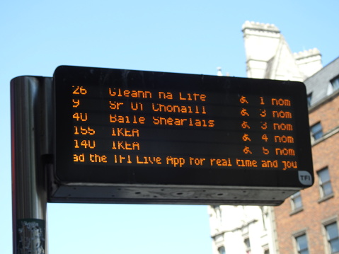 29th May 2023, Dublin, Ireland. Dublin Bus electronic timetable sign at bus stop in Dublin city centre.