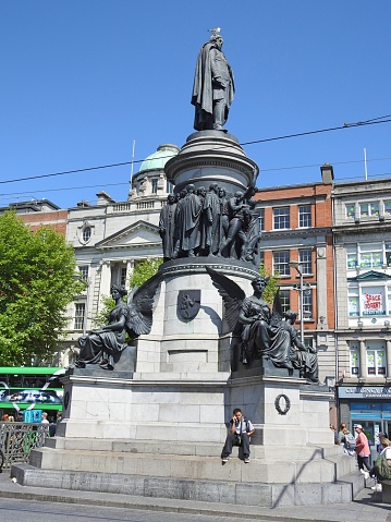 29th May 2023, Dublin, Ireland. Statue monument on O'Connell Street, built to commemorate the “Liberator” Daniel O'Connell (1775-1847) after whom the street was renamed after independence.