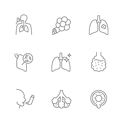 Lung disease line outline icon isolated on white. Inhaler, copd, pulmonary fibrosis, cancer, respiratory virus, bronchiectasis, pneumonia. Vector illustration