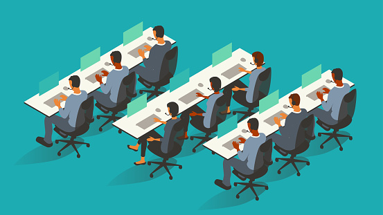 3 rows of 3 customer service workers sit wearing headsets at identical desks and monitors, representing a help desk or call center team. Flat vector shapes are presented on a 16x9 artboard using a limited color palette, over a bold teal or turquoise background.
