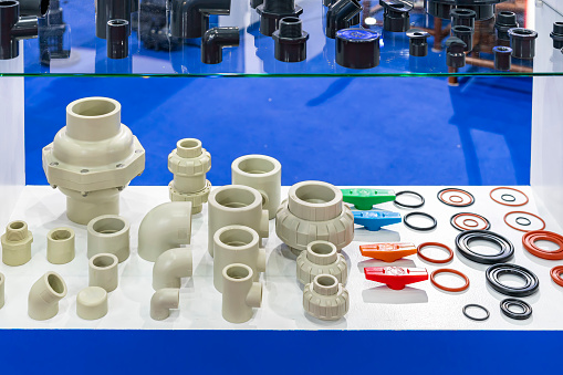 Various pvc pipe connector parts such as coupling union fitting elbow 3 way o ring seal etc. for plumbing sanitary or electric wiring pipe work