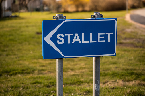 Gothenburg, Sweden - April 16 2023: Blue sign marked Stallet.