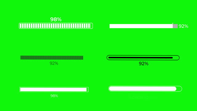 Set of loading bar animation pack with various updating, downloading, loading, progress bars. Processing percentage 0 to 100 transfer. Isolated on green screen.