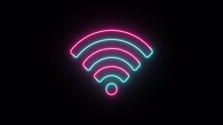 Wifi Wiriless Symbol, Neon Social Network, Media Platform Icons, 5G 4G,  Internet Hot Spot Icon With Neon, Glowing Led Lights, Alpha Channel, Transparent, Shadow Overlay, Chroma, Apple Prores 4444