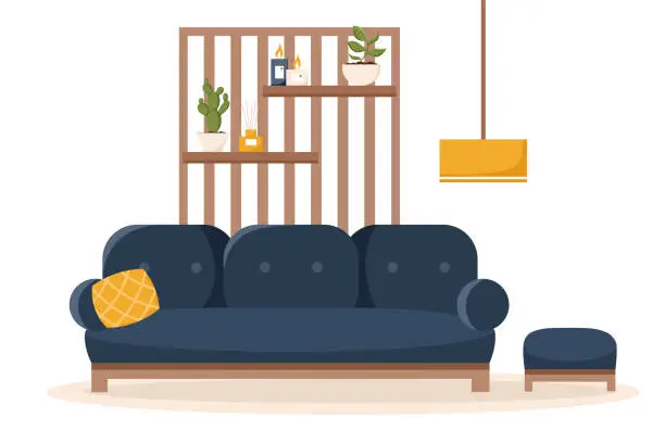 Vector illustration of Cute modern style living room with sofa, pouffe and wooden decor in navy blue, orange and white tones. Interior and furniture collection. Scandinavian design