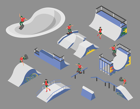Skate Park set. Isometric vector illustration. It features a wide range of elements, including slides, swings, seesaws, ramps, rails, and obstacles, allowing users to build intricate and dynamic environments.