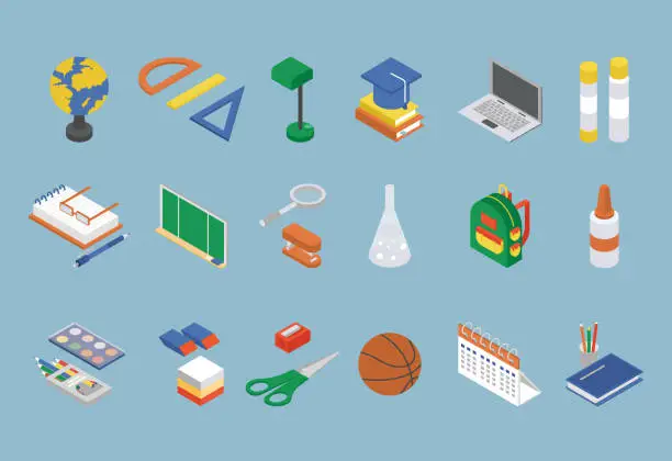 Vector illustration of School and Stationery Isometric Vector Set