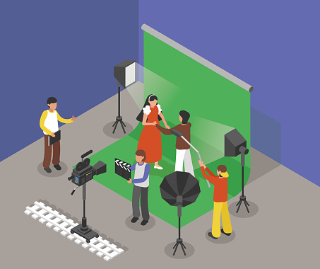Professional film studio with green screen. In a green screen studio, a team consisting of a television presenter, cameraman, and assistant work together to create professional video productions. The presenter delivers the on-camera performance, while the cameraman operates a professional camera to capture high-quality footage. The assistant supports the team by managing equipment, setting up stage lighting, and handling various behind-the-scenes tasks. The studio utilizes green screen technology, allowing for the insertion of different backgrounds and visual effects during post-production. This collaborative effort results in engaging video content that can be broadcasted on television or other media platforms. Isometric vector illustration.