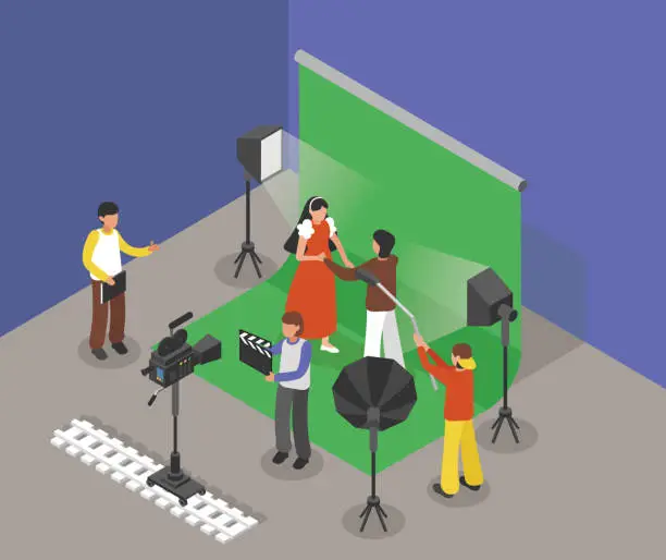 Vector illustration of Professional Film Studio with Green Screen, Isometric Vector