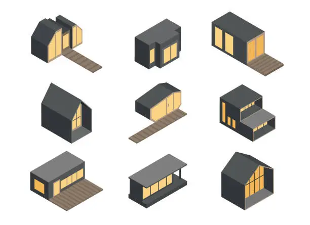 Vector illustration of Black Modular Houses Isometric Vector Set