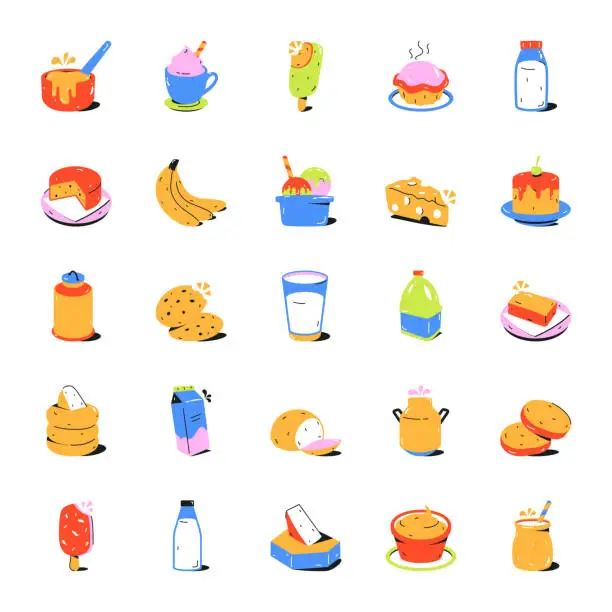 Vector illustration of Pack of Dairy Food Flat Icons