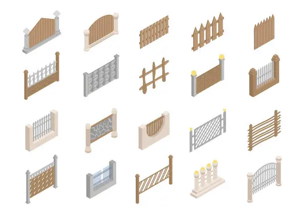 Vector illustration of Fences of Various Types Isometric Vector
