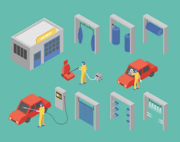 Vector illustration of Car Wash Service Isometric Vector