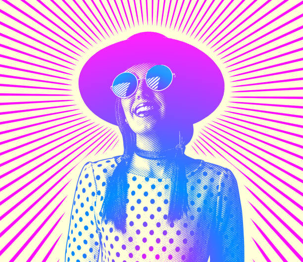 Happy, smiling hipster woman with sunbeams Happy, smiling young hipster woman with sunbeams pics of a hippie woman stock illustrations