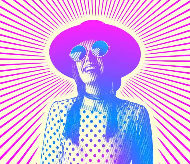Vector illustration of Happy, smiling hipster woman with sunbeams