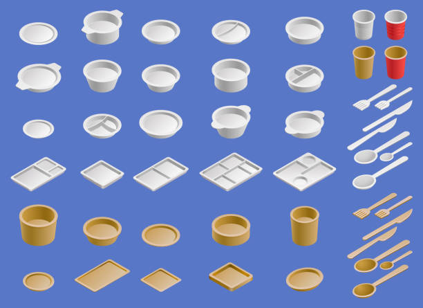 набор одноразовой посуды изометрический вектор - can disposable cup blank container stock illustrations