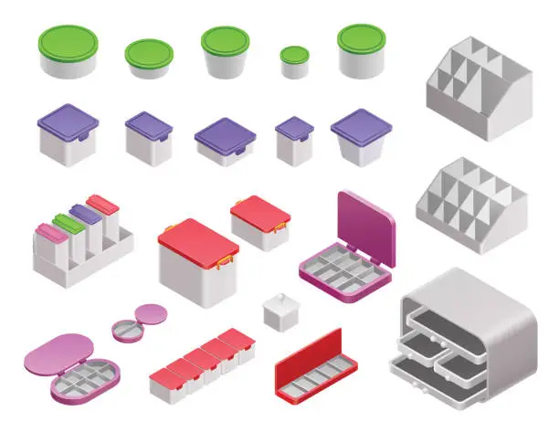 Vector illustration of Plastic Food Containers, Medical Containers, Pill Boxes, Organizer, Isometric Vector