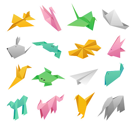 Origami. Isometric Vector illustration. mouse, panther, paper airplane, elephant, whale, paper boat, camel, pigeon, toad, butterfly, fish, swan, rooster, spider.