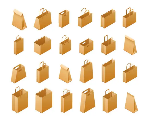 Vector illustration of Paper Bags, Packaging Isometric Vector Set