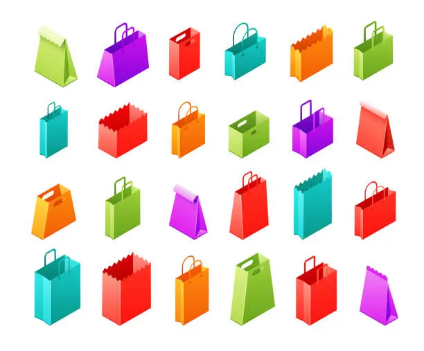 Vector illustration of Paper Bags, Colored Shopping Bags, Packaging Isometric Vector Set