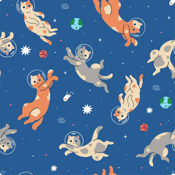 Vector illustration of Seamless pattern with cute cats in space. Vector graphics.