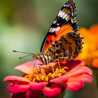 A stunning macro shot of an American lady
butterfly perched on a vibrant yellow and pink flower