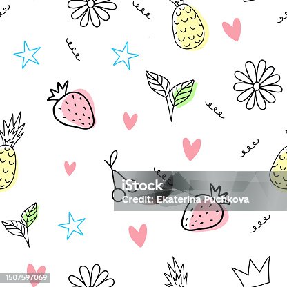 istock Seamless pattern strawberry, pineapple, hearts, summer doodle symbols 1507597069