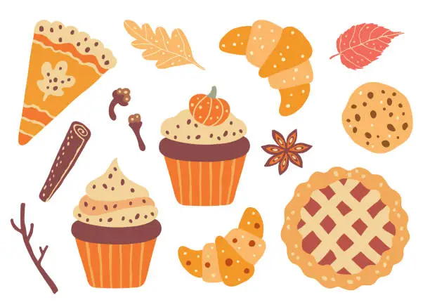 Vector illustration of Thanksgiving holiday baking and forest leaves. Autumn mood clipart.