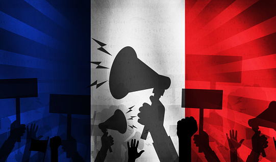 Riots and Protest in France concept background with flag and sillhoutte design. People protesting in France, backdrop